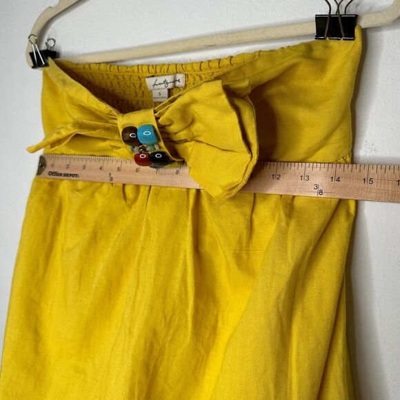 Yellow Linen Sleeveless Blouson Blouse Mini Dress Bead Bow Tie Front S - Picture 9 of 13